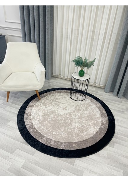 Bej-Siyah Çerçeve Kenarlı Modern Desenli Lateks Taban Halı