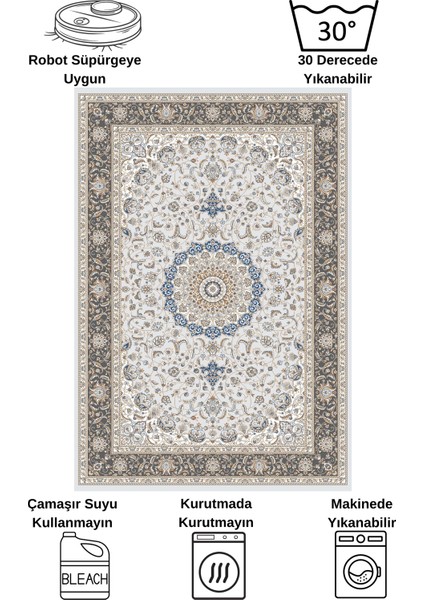 Gri Geleneksel Motifli Saçaklı Klasik Kaymaz Taban Halı