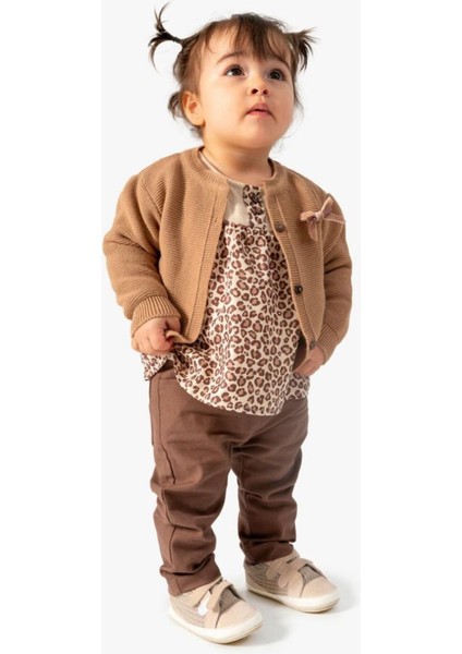 Triko Hırkalı Leopar Kız Çocuk 3 lü takım - Kahverengi