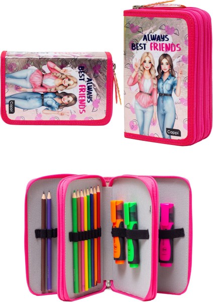 Pembe Best Friends Desenli Pvc Üç Bölmeli Kız Çocuk Organizer Kalemlik Kalem Kutusu -CP7002