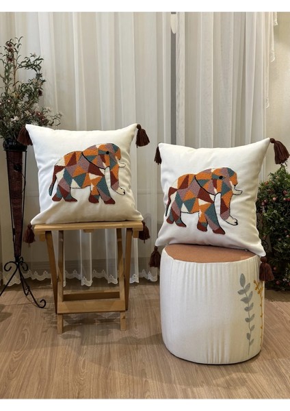 2'li Punch Işlemeli Nakışlı Fil Temalı Dekoratif Kırlent Kılıfı