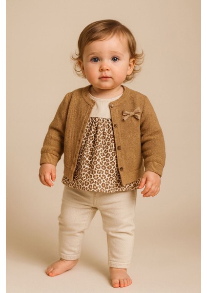 Triko Hırkalı Leopar Kız Çocuk 3 lü takım - Krem