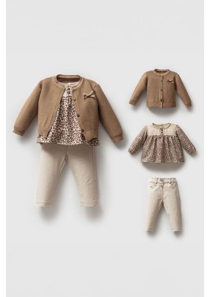 Triko Hırkalı Leopar Kız Çocuk 3 lü takım - Krem fiyatları