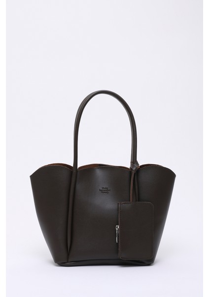 Kahve Rengi SHK122 Suni Deri, Çıtçıtlı, Makyaj Çantalı, Cüzdanlı El, Kol ve Omuz Çantası