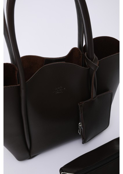 Kahve Rengi SHK122 Suni Deri, Çıtçıtlı, Makyaj Çantalı, Cüzdanlı El, Kol ve Omuz Çantası