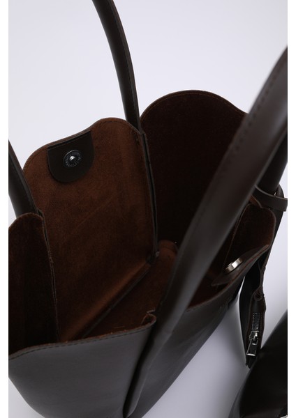 Kahve Rengi SHK122 Suni Deri, Çıtçıtlı, Makyaj Çantalı, Cüzdanlı El, Kol ve Omuz Çantası