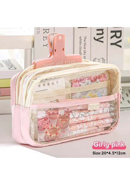 1 Adet Şeffaf Dört Katmanlı Kalem Çantası Öğrenci Kırtasiye Çantası Büyük Kapasiteli Depolama Çantası Okul Ofis Malzemeleri Kırtasiye Renk: Pembe (Yurt Dışından)