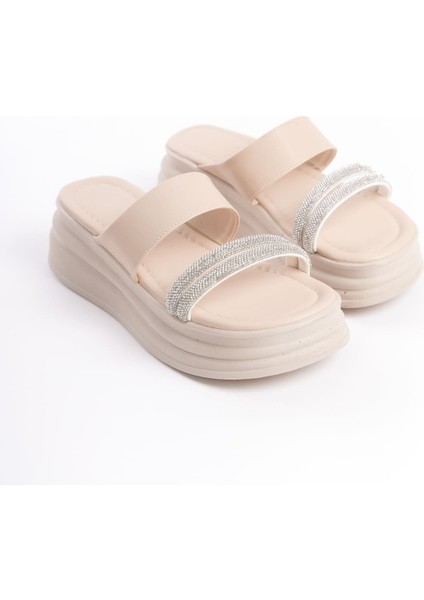 Laıla Düz Topuklu Taşlı Şeritli Kalın ve Ortopedik Taban Kadın Terlik Kt Krem