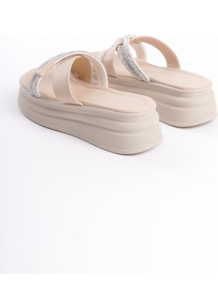 Mıla Düz Topuklu Taşlı Çapraz Şeritli Kalın ve Ortopedik Taban Kadın Terlik Kt Krem fiyatları