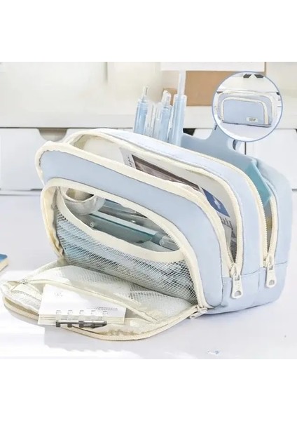 3 Katmanlar Büyük Kapasiteli Kalem Torbası Estetik Kalem Kasa Büyük Kırtasiye Çantası Fermuarlı Kalem Çantası Çocuklar Kalem Çantası Okul Malzemeleri Renk: Açık Mavi (Yurt Dışından)