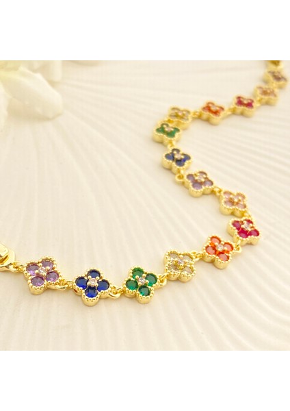 Yonca Bileklik Marka Model Renkli Taşlı Bileklik Vip Seri 14 Ayar Gold 16+3cm