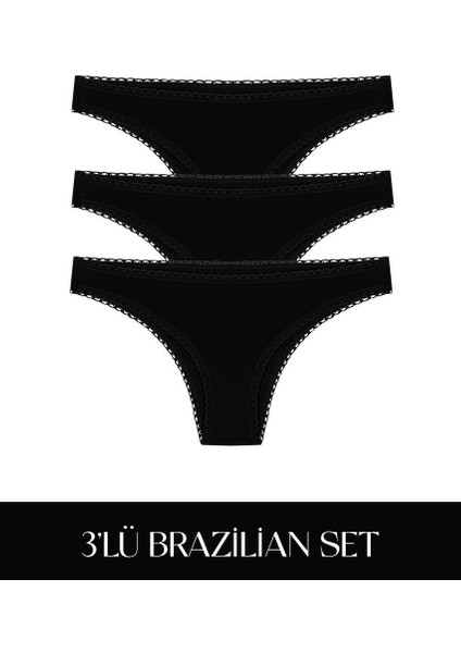 Cotvie Siyah Pamuklu Brazillian 3'lü Set külot