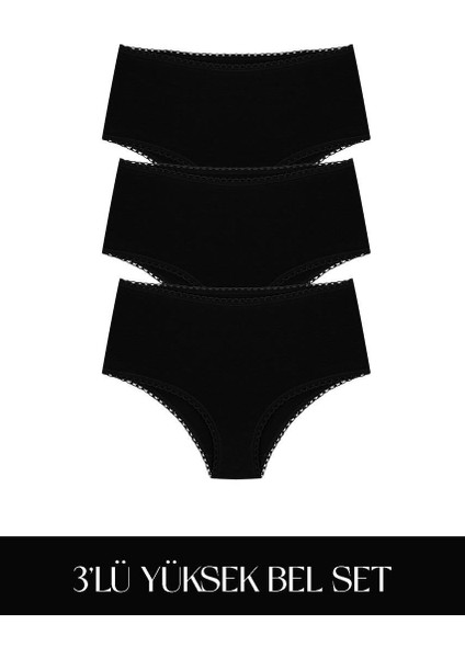 Cotvie Siyah Pamuklu Yüksek Bel 3'lü Set külot