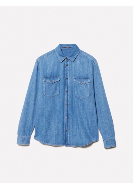 Sisley %100 Pamuk Önü 2 Cepli Regular Fit Denim Gömlek Erkek Mavi Denim Gömlek - 325P53GESQ04G fırsatları