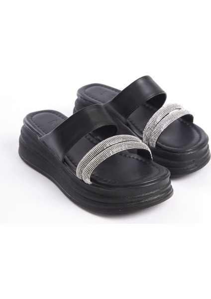 Laıla Düz Topuklu Taşlı Şeritli Kalın ve Ortopedik Taban Kadın Terlik St Siyah