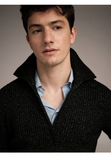 Sisley Viskoz Karışımlı Yarım Fermuarlı Yüksek Yaka Waffle Kazak Erkek Haki Mix Kazak - 324A1NDTT200R