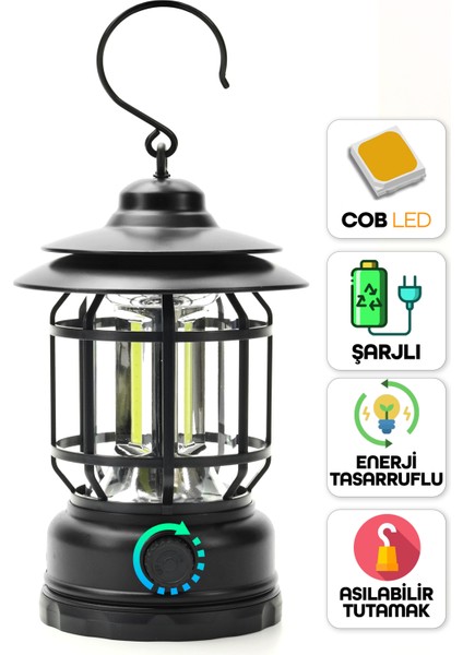 LED Şarjlı Kamp Lambası Işık Dimmer Ayarlı Askılı Portatif Işıldak El Feneri Gece Lamba Siyah PR20 fiyatları