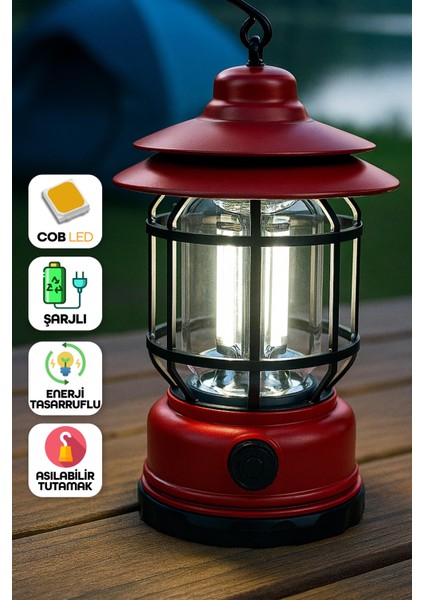 LED Şarjlı Kamp Lambası Işık Dimmer Ayarlı Askılı Portatif Işıldak El Feneri Gece Lamba Kırmızı PR20