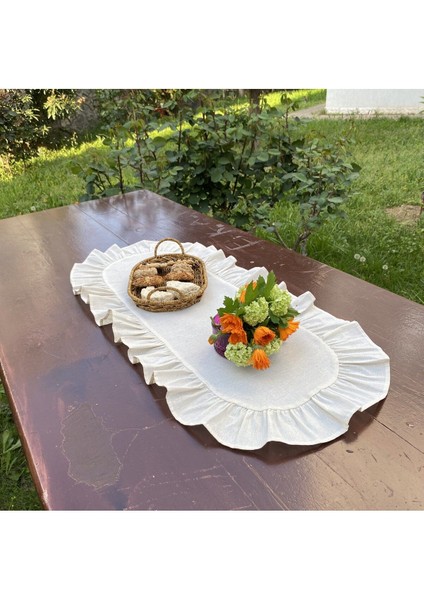 Bej Pamuklu Ham Keten Fırfırlı Oval Runner 30X80 Cm, Şık ve Doğal Dekorasyon.
