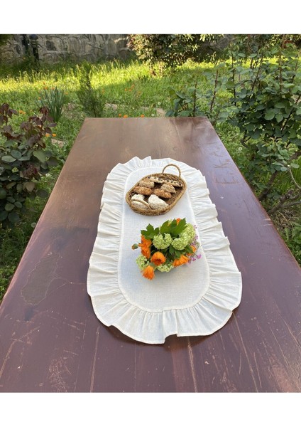 Bej Pamuklu Ham Keten Fırfırlı Oval Runner 30X80 Cm, Şık ve Doğal Dekorasyon. fiyatları