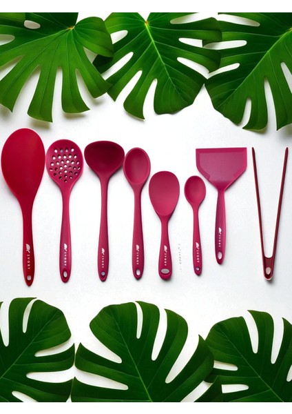 Isıya Dayanıklı Silikon Kevgir Kepçe Spatula Kaşık Maşa Seti (30-28-22-20 Cm) 8 Parça