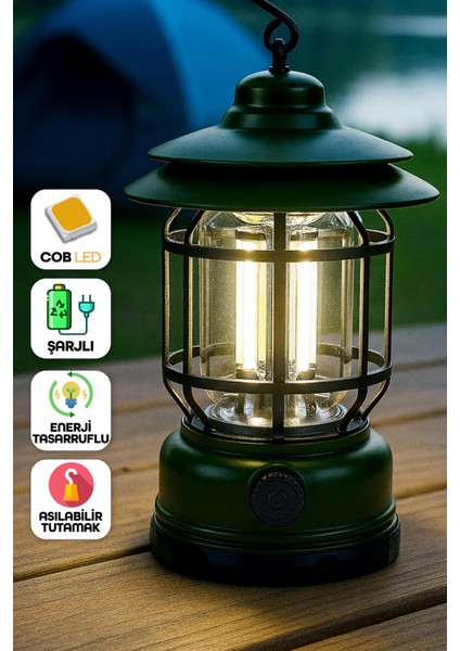 LED Şarjlı Kamp Lambası Işık Dimmer Ayarlı Askılı Portatif Işıldak El Feneri Gece Lamba Yeşil PR20