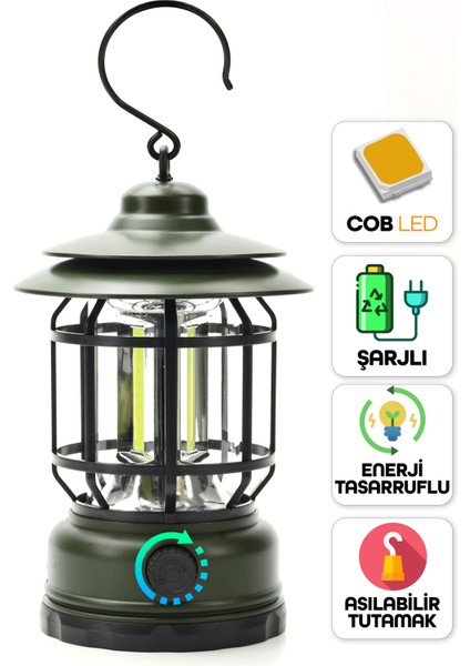 LED Şarjlı Kamp Lambası Işık Dimmer Ayarlı Askılı Portatif Işıldak El Feneri Gece Lamba Yeşil PR20 fiyatları