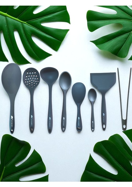 Isıya Dayanıklı Silikon Kevgir Kepçe Spatula Kaşık Maşa Seti (30-28-22-20 Cm) 8 Parça