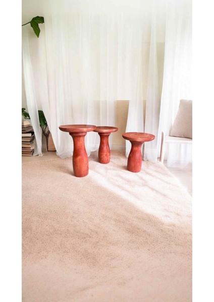 3lu Ahşap Mantar Sehpa Seti Maun Renk Yan Sehpa Takımı