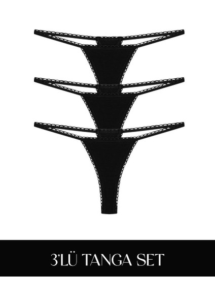 Cotvie Siyah Pamuklu Tanga 3'lü Set külot