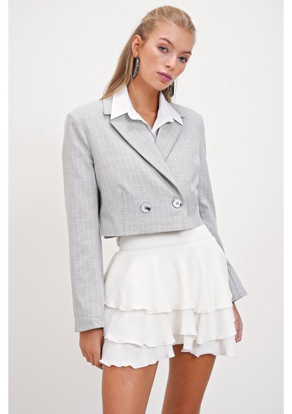 Çizgili Kruvaze Crop Blazer Ceket