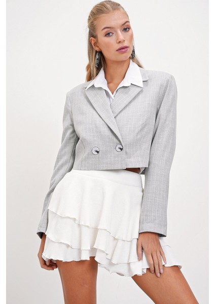 Çizgili Kruvaze Crop Blazer Ceket modelleri