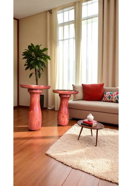 2li Ahşap Mantar Sehpa Seti Maun Renk Yan Sehpa Takımı