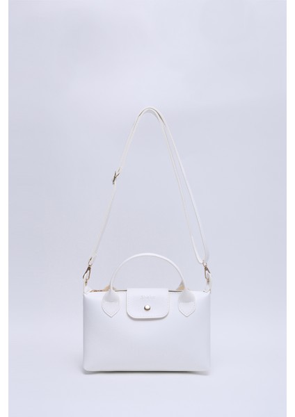 Beyaz SHK135 Suni Deri, Tek Bölmeli, Çift Askılı El, Kol ve Çapraz Omuz Çantası