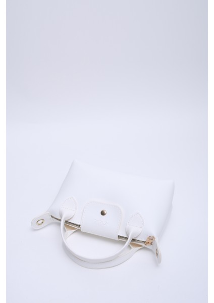 Beyaz SHK135 Suni Deri, Tek Bölmeli, Çift Askılı El, Kol ve Çapraz Omuz Çantası