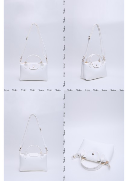 Beyaz SHK135 Suni Deri, Tek Bölmeli, Çift Askılı El, Kol ve Çapraz Omuz Çantası