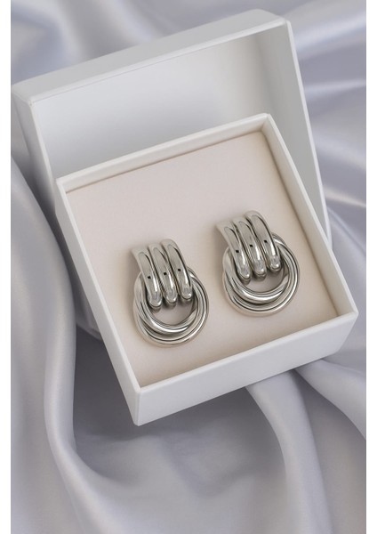 Çelik Düğümlü Halka Kadın Küpe-Kalın Halka Zincir Görünümlü Modern Tasarım-Gümüş Renk