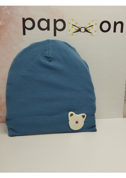 Ayıcık Desenli Bebek Bere - Mavi - Organik & El Yapımı