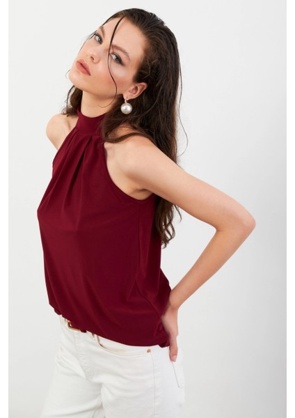Kadın Bordo Halter Yaka Bluz LPP1273