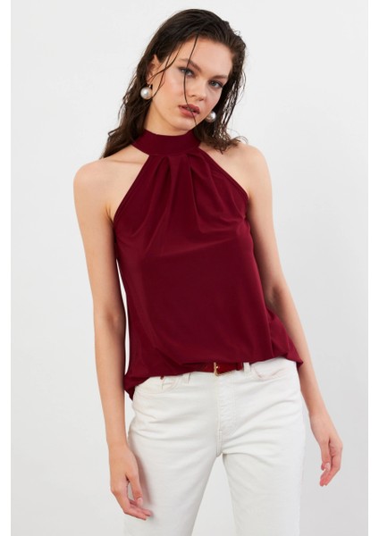 Kadın Bordo Halter Yaka Bluz LPP1273 fiyatları