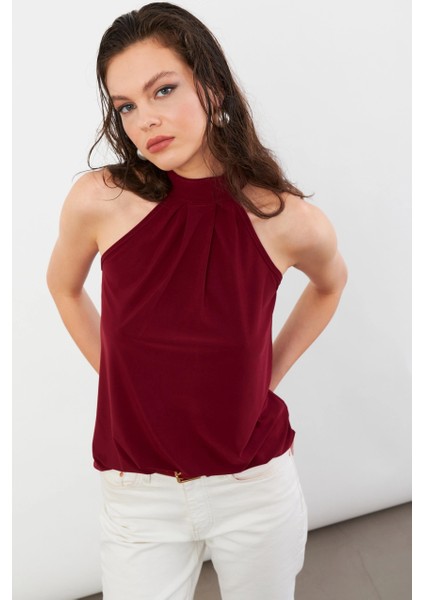 Kadın Bordo Halter Yaka Bluz LPP1273 modelleri