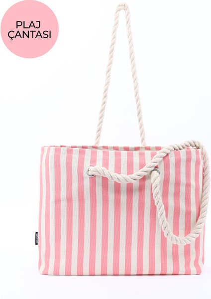 Pembe SHK234 Kanvas Kumaş Tek Bölmeli Çizgi Desenli Seyahat, Piknik ve Plaj Çantası