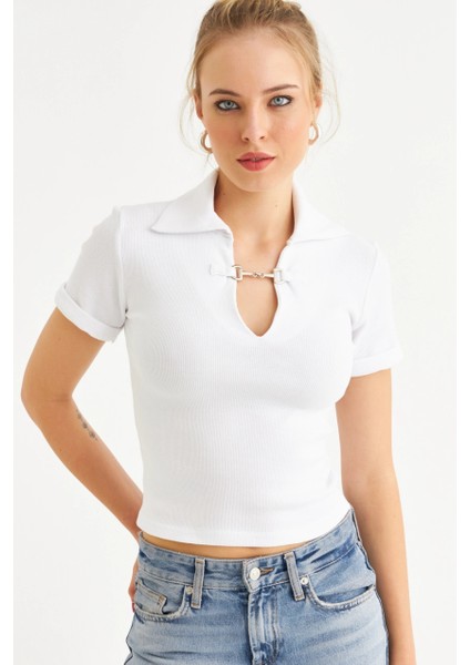 Kadın Ekru Aksesuarlı Crop Bluz COL3008 modelleri