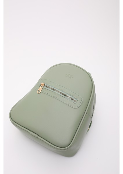 Mint Yeşili Shk200 Deri 2 Bölmeli Fermuarlı Yazılı Kolon Askılı Sırt Çantası U:26 E:22 G:9 Cm