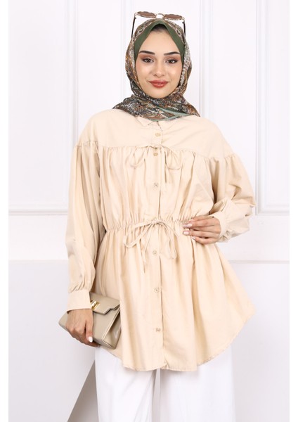 Bej Bel Lastikli Düğmeli Tunik