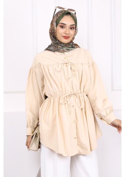 Bej Bel Lastikli Düğmeli Tunik modelleri