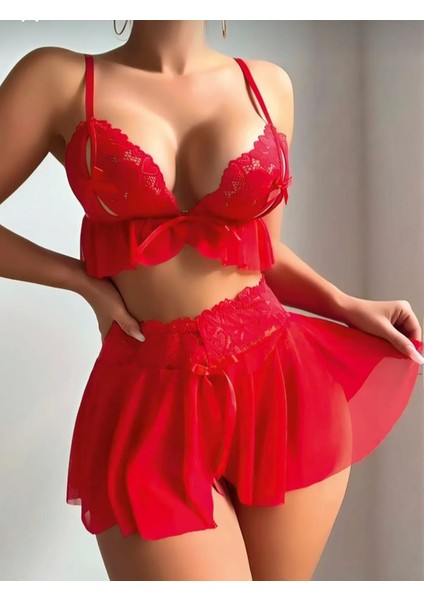 Kadın Kırmızı Gecelik Mini Etek 3 Parça Fantezi Gecelik Tanga Hediyeli Dantel Detaylı Iç Çamaşırı Takımı Yazlık Gecelik Hediyelik Gecelik Açık Fantezi Iç Çamaşırı Kostüm Giysi