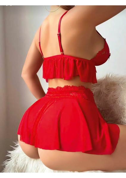 Kadın Kırmızı Gecelik Mini Etek 3 Parça Fantezi Gecelik Tanga Hediyeli Dantel Detaylı Iç Çamaşırı Takımı Yazlık Gecelik Hediyelik Gecelik Açık Fantezi Iç Çamaşırı Kostüm Giysi fiyatları