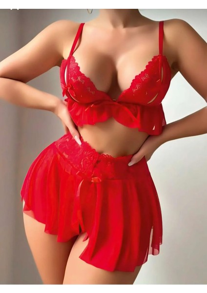 Kadın Kırmızı Gecelik Mini Etek 3 Parça Fantezi Gecelik Tanga Hediyeli Dantel Detaylı Iç Çamaşırı Takımı Yazlık Gecelik Hediyelik Gecelik Açık Fantezi Iç Çamaşırı Kostüm Giysi fırsatları