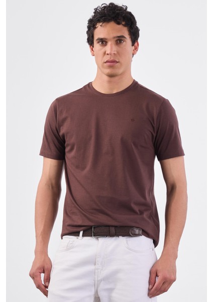 Kahve Bisiklet Yaka Pamuklu Düz Renk Slim Fit Erkek T-shirt